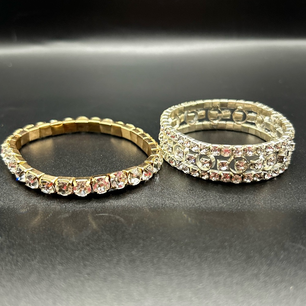 2 for $40 Vintage Clear Rhinestone stretch bracelets duo pair silver tone
